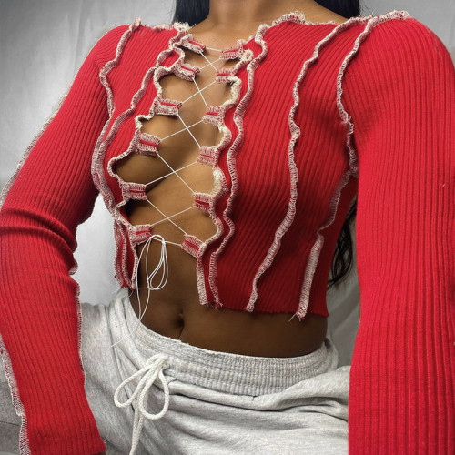 Red Lace Up Long Sleeve Sexy Crop Top