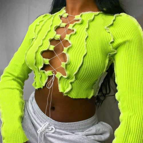 Green Lace Up Long Sleeve Sexy Crop Top