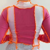 Lace Up Contrast Hot Pink Long Sleeve Sexy Top