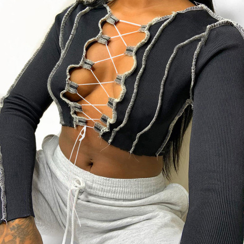 Black Lace Up Long Sleeve Sexy Crop Top