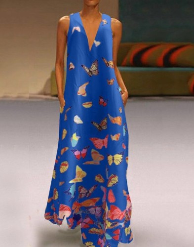 Butterfly Print V Neck Sleeveless Maxi Dress