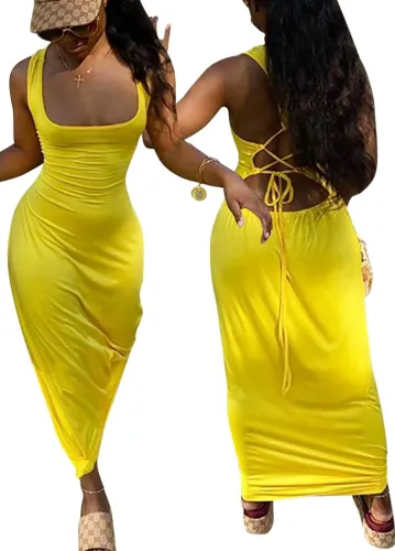 Solid Strappy Back Tank Maxi Dress