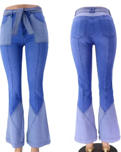 Patchwork Belted Flare Jeans