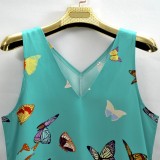 Butterfly Print V Neck Sleeveless Maxi Dress