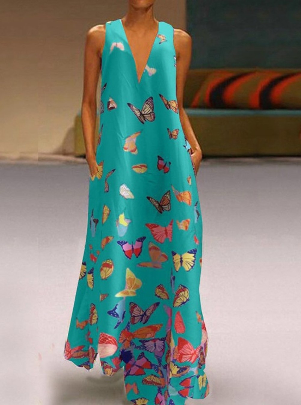 Butterfly Print V Neck Sleeveless Maxi Dress US 6.71 www.lover