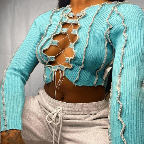 Blue Lace Up Long Sleeve Sexy Crop Top