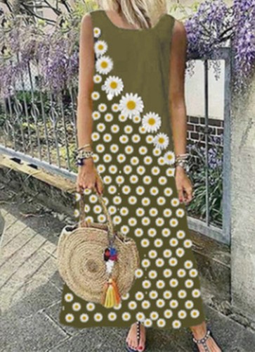 Daisy Print Sleeveless Long Casual Dress