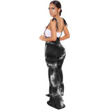 Tie Dye Black Bell Bottom Suspender Pants（without White Top）