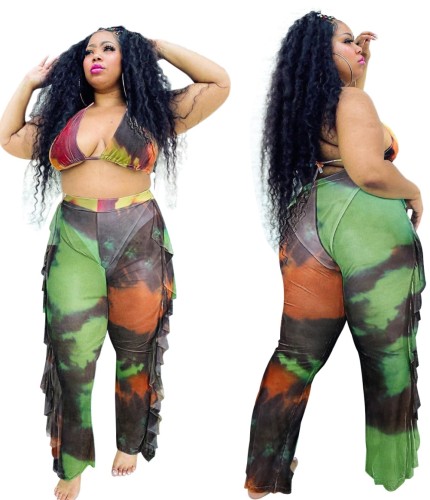 Plus Size Beachwear Tie Dye Bra and Ruffle Pants