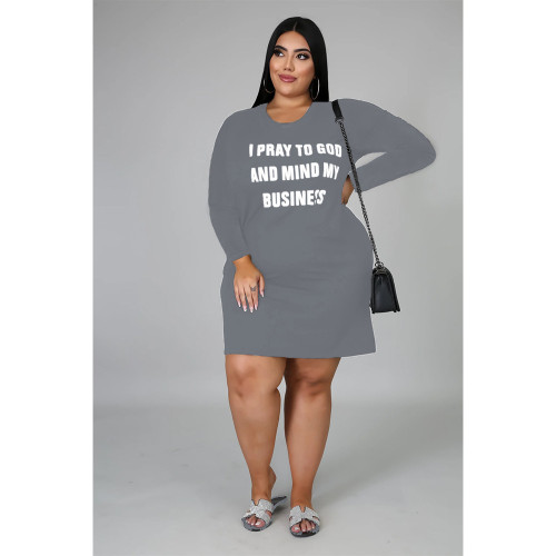 Plus Size Gray Letter Print T-Shirt Dress