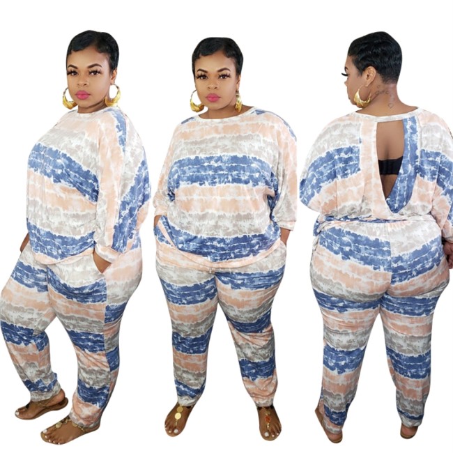 Plus Size Tie Dye Keyhole Back Pants Set