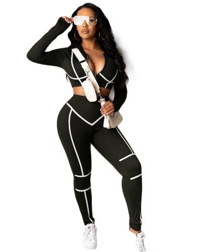 Contrast Piping Long Sleeve Crop Top and Pants Set