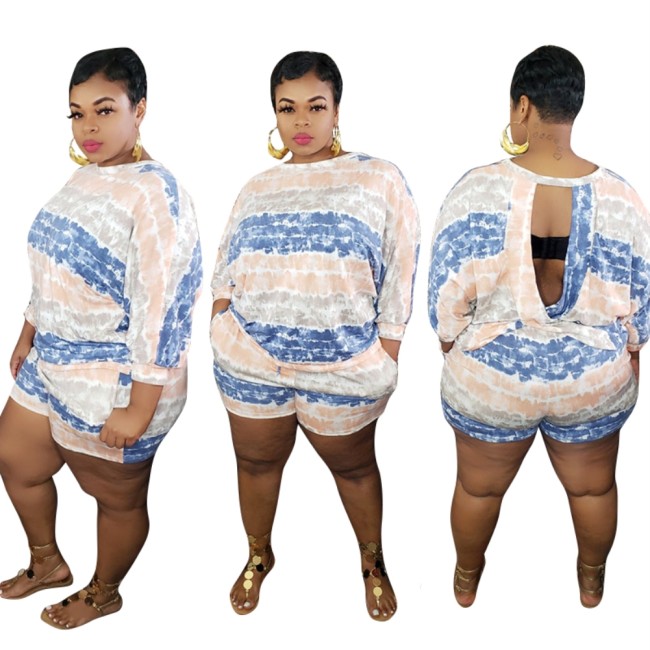 Plus Size Tie Dye Keyhole Back Shorts Set