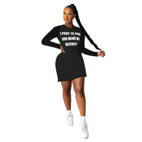 Plus Size Black Letter Print T-Shirt Dress