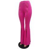 High Waist Hot Pink Zipper Bell Bottom Pants