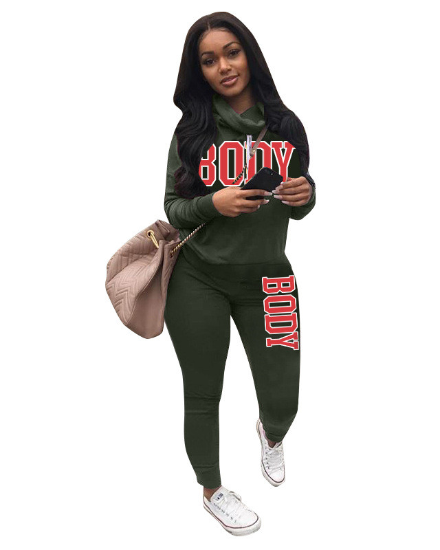 Letter Print Army Green High Neck Sweatsuits