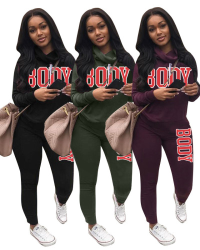Letter Print Army Green High Neck Sweatsuits