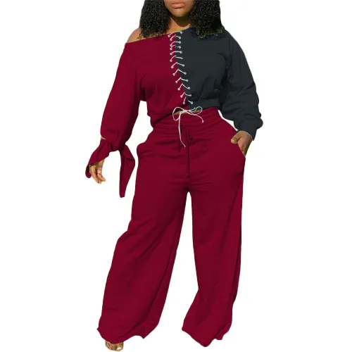 Contrast Burgundy Lace Up Wide Leg Two Piece Pants Set