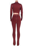 Burgundy Long Sleeve Crop Top and Pants Set