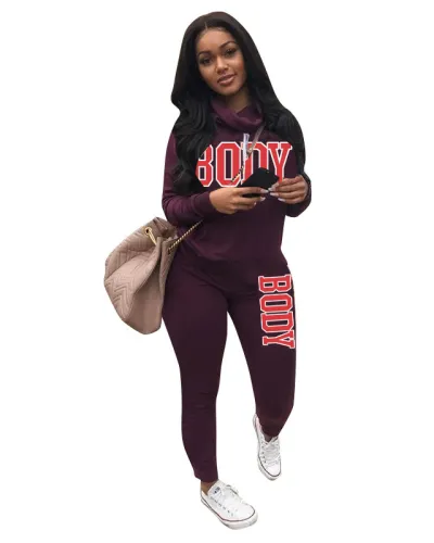 Letter Print Burgundy High Neck Sweatsuits
