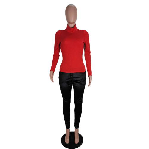 Red Puff Sleeve Long Sleeve Top