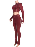 Burgundy Long Sleeve Crop Top and Pants Set