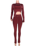 Burgundy Long Sleeve Crop Top and Pants Set