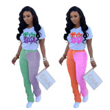 Two Tone Green & Purple Casual Two Piece Ruched Pants Set