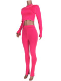 Hot Pink Long Sleeve Crop Top and Pants Set