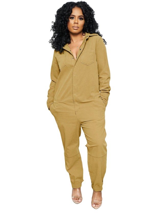 Long Sleeve Cotton Button Up Casual Jumpsuit