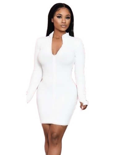 Solid Zip Up Mock Neck Bodycon Dress