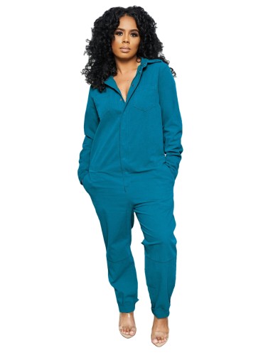 Long Sleeve Cotton Button Up Casual Jumpsuit