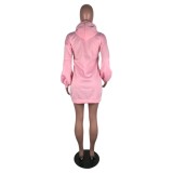 Autumn Solid Hooded Dress with Front Pocket