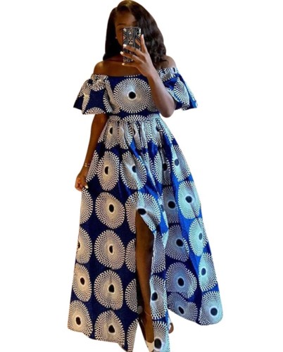 Tribal Print Ruffle Off Shoulder Slit Maxi Dress