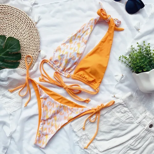 Contrast Leopard Print Tie Sides Bikini Set