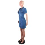 Fashion Button Up Blue Denim Short Dress