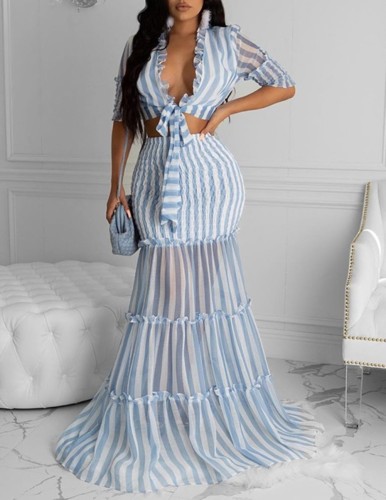 Sexy Plunge Frill Striped Crop Top & Maxi Skirt