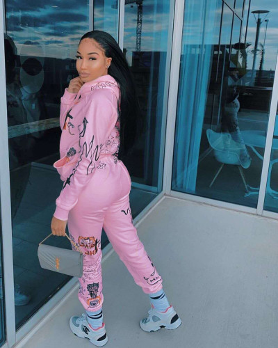 Print Pink Warm Hooded Sweatsuits