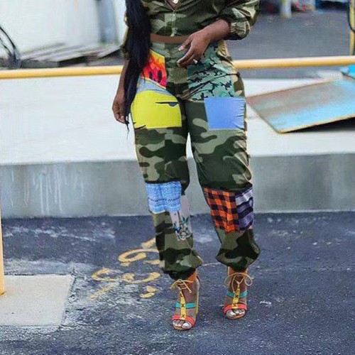 High Waist Casual Camo Colorblock Pants