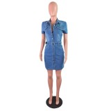 Fashion Button Up Blue Denim Short Dress