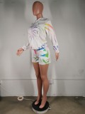 Casual Print White Hoodie & Shorts Sweatsuit