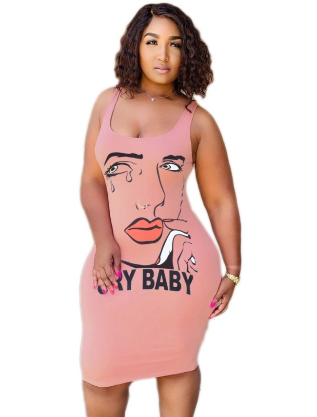 Face Print Fitted Tank Dress