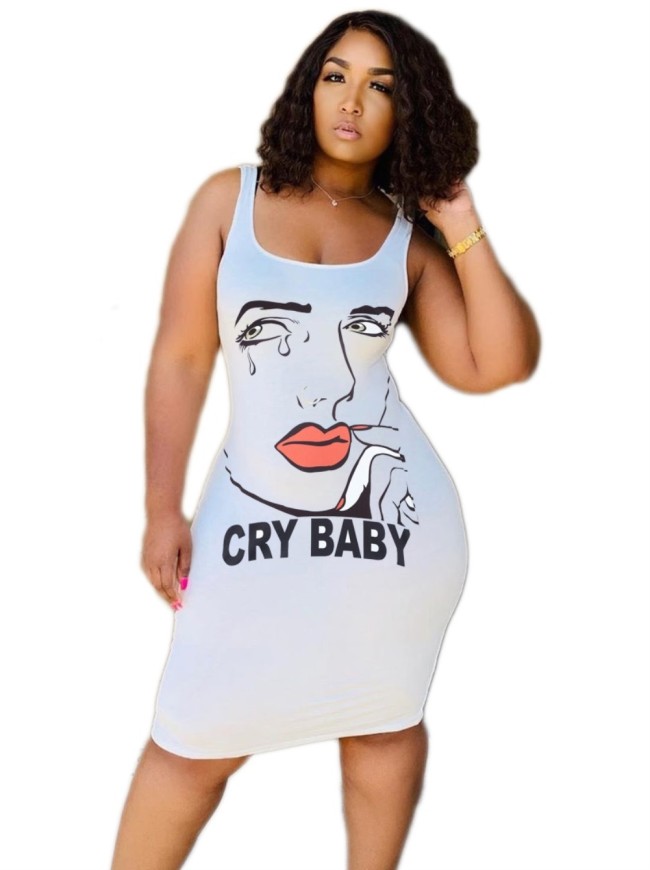 Face Print Fitted Tank Dress