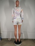 Casual Print White Hoodie & Shorts Sweatsuit