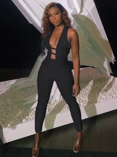 Black Sleeveless Deep V Cutout Slinky Jumpsuit