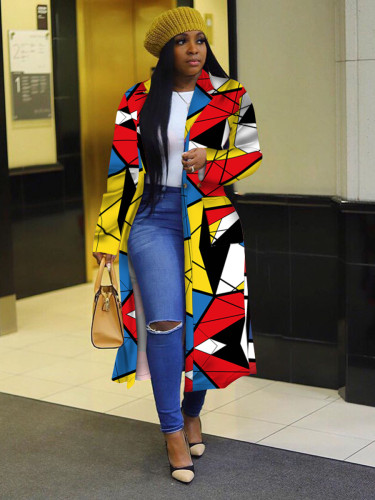 Plus Size Colorful Print Long Coat