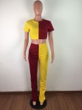 Contrast Two Piece Outfits Crop Top Ruched Pants Set
