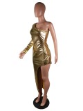 One Shoulder Gold Metallic Slit Maxi Dress
