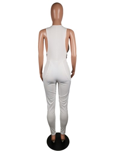 White Sleeveless Deep V Cutout Slinky Jumpsuit