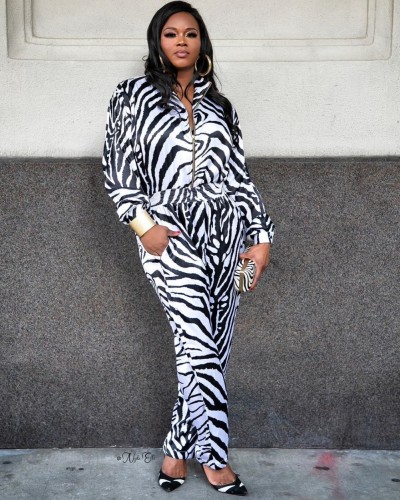 Zebra Print Sexy Long Sleeve Zipper Jumpsuit